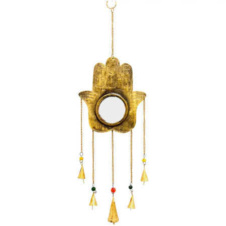Golden brass hamsa hand mirror with five hanging bells and beads used as indian brass chimes wall decor