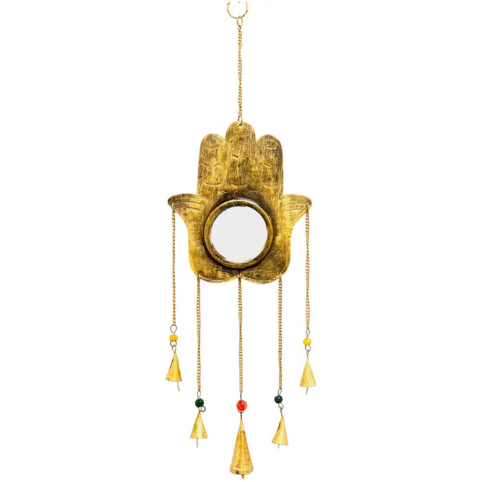 Golden brass hamsa hand mirror with five hanging bells and beads used as indian brass chimes wall decor