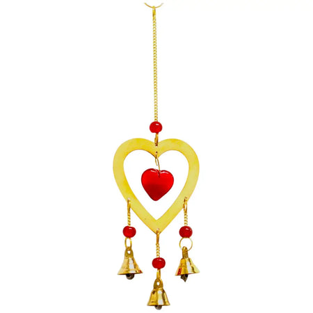 Gold heart-shaped indian brass chimes with red ruby glass beads and three small hanging bells
