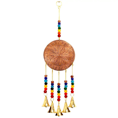 Indian brass chimes tree of life with copper color engraved circle chakra beads and five golden bells hanging down