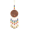 Copper-colored circular indian brass chimes with tree of life engraving, chakra beads, and five golden bells hanging