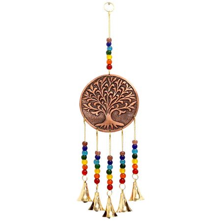 Copper-colored circular indian brass chimes with tree of life engraving, chakra beads, and five golden bells hanging