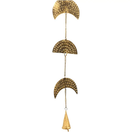Gold-toned hammered brass crescent moon phases wind chime with a small bell hanging decoration