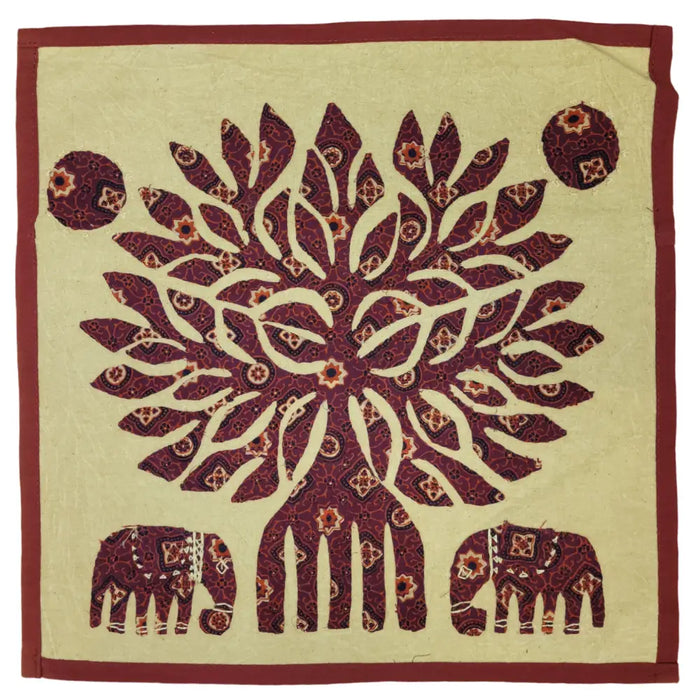 Indian patchwork cushion cover with maroon tree and elephants design on cotton fabric for standard cushion use