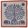 A square indian patchwork cushion cover with a red and blue paisley floral design and an orange border