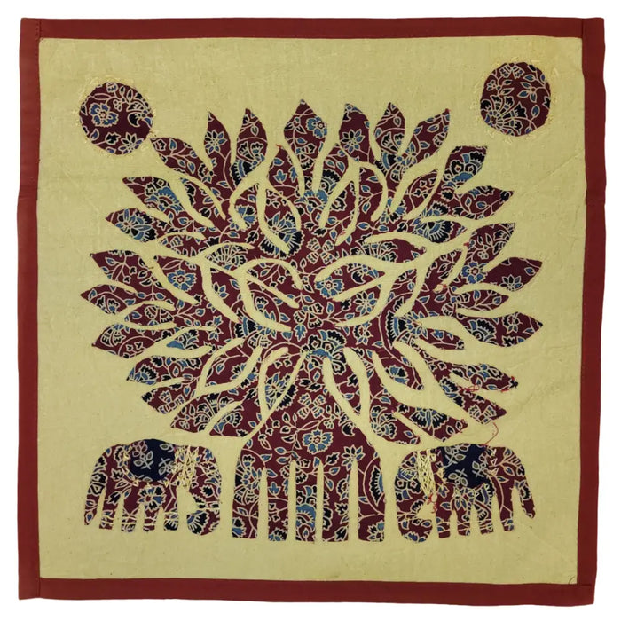 Indian patchwork cushion cover with maroon and blue floral tree and elephants on red border for standard cushion