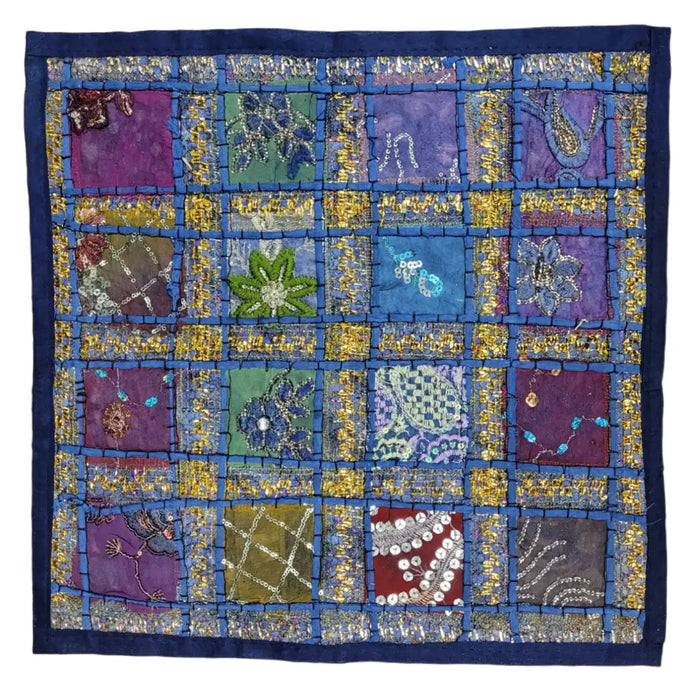 Indian sari tile standard cushion cover with vibrant patchwork squares embroidered with sequins and metallic threads