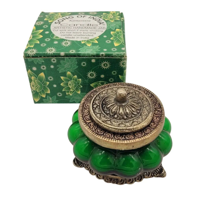 Green jade antique style glass jar candle with ornate brass lid and base indian scented candle white musk