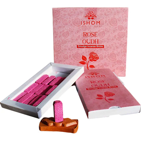Ishom pink rose-scented incense smudge bricks in a decorative box with a ceramic burner for cleansing rituals