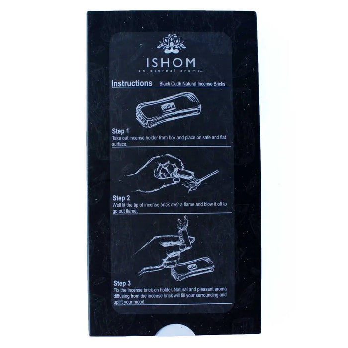 Black ishom incense smudge bricks packaging with instructional diagrams for use in incense smudge bricks burner set
