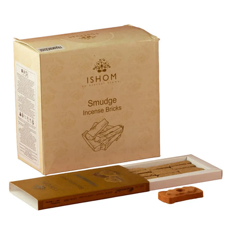 A box of ishom frankincense smudge bricks with tan cardboard packaging and gold lettering for smudge bricks burner use