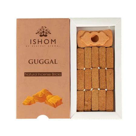Ishom incense smudge bricks in brownish orange natural guggal resin with one decorative brick and twelve smaller bricks in white box