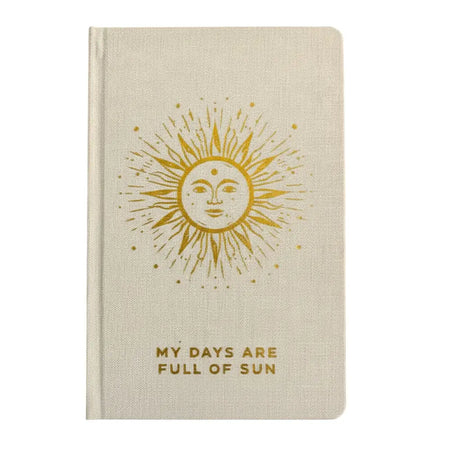 Beige linen ivory gratitude journal with gold foil sun and my days are full of sun phrase on cover