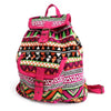 Jacquard backpack pink with vibrant pink and multicolored geometric pattern made of woven fabric and matching straps