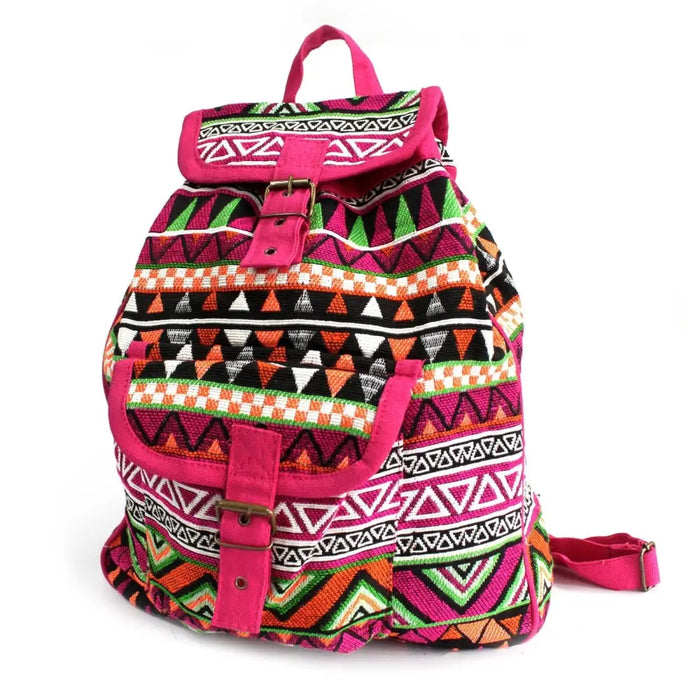 Jacquard backpack pink with vibrant pink and multicolored geometric pattern made of woven fabric and matching straps