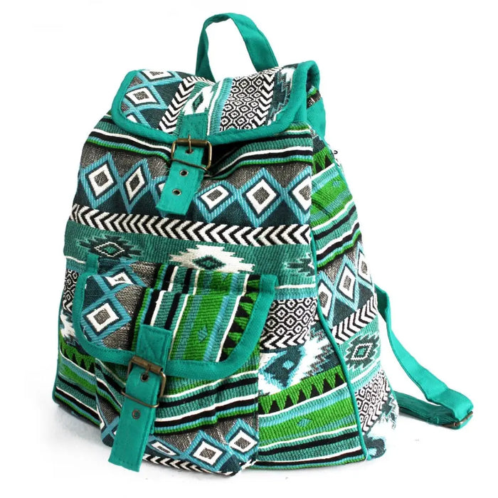 Teal jacquard backpack with green geometric woven pattern made from textured fabric for everyday use