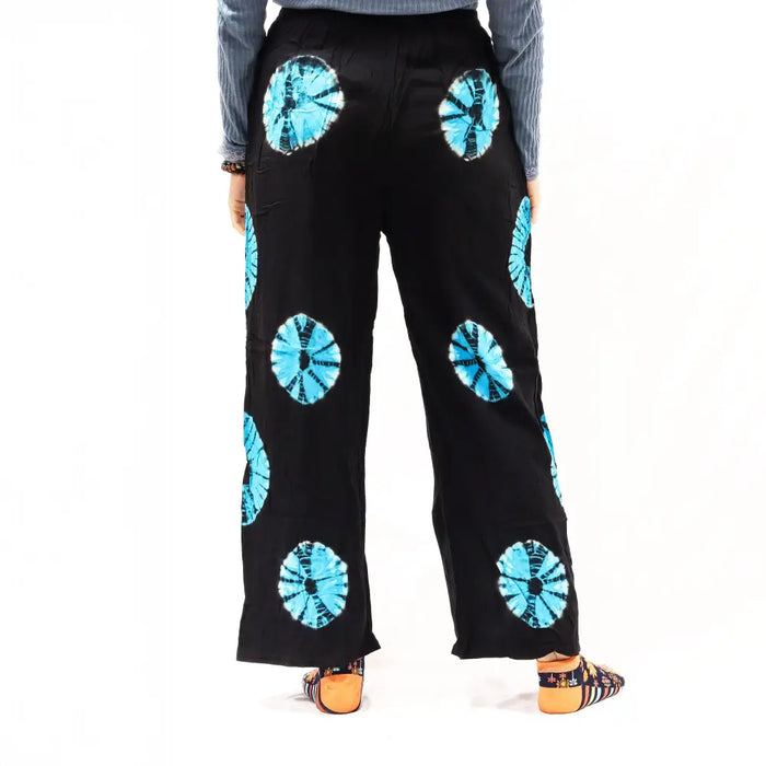 Black Japanese style lounge pants with wide legs and turquoise tie dye circular patterns in large size