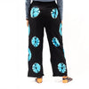 Black wide-leg lounge pants with turquoise tie-dye circles made of soft fabric for casual comfort in medium size