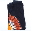 Japanese style lounge pants in black tie dye with orange yellow and white radial pattern made of soft fabric
