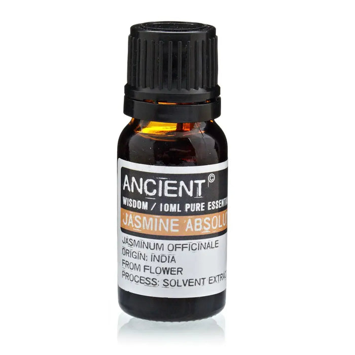 A small amber glass bottle of ancient wisdom jasmine absolute essential oil with a black cap referencing sun god