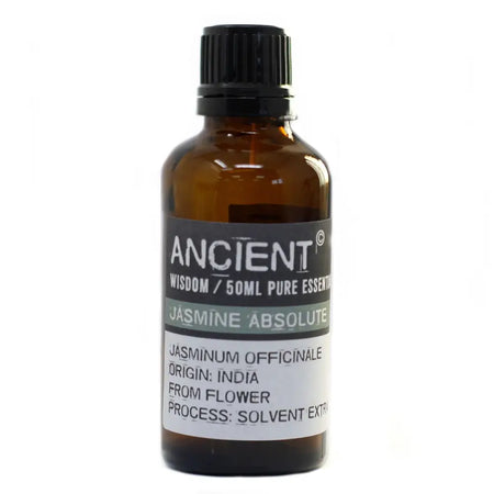 A 50ml amber glass bottle of jasmine absolute essential oil with allergen declarations and origin from india, sun god theme