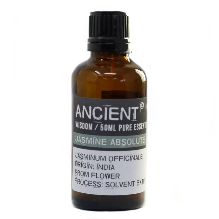A 50ml amber glass bottle of jasmine absolute essential oil with allergen declarations and origin from india, sun god theme
