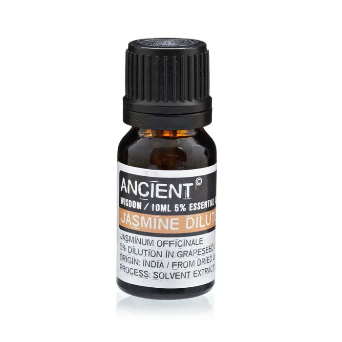 A small amber glass bottle with black cap labeled ancient wisdom jasmine dilute essential oil 10ml for jasmine oil use