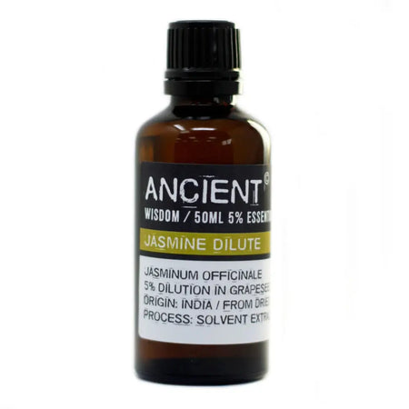 A dark amber glass bottle of jasmine oil essential oil with black cap and allergen declarations on the label 50ml