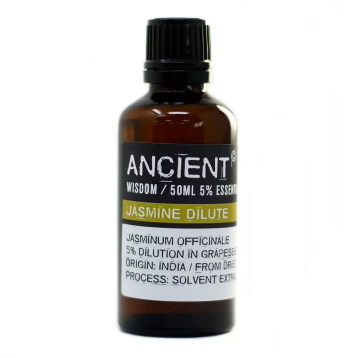 A dark amber glass bottle of jasmine oil essential oil with black cap and allergen declarations on the label 50ml