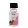 A clear glass bottle of jasmine fragrance oil with a black cap and a pink white brown label showing allergen declarations and soft fruit notes