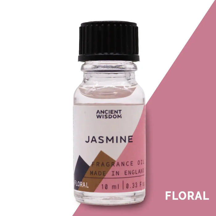 A clear glass bottle with a black cap and a pink white brown label of ancient wisdom jasmine fragrance oil on white mauve background