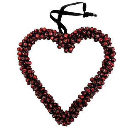 Red jingle bell heart-shaped wall hanging with black ribbon hanger made of metal for decorative use
