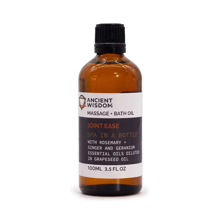 An amber glass bottle of ancient wisdom joints ease massage oil with a black cap and white label containing essential oils