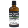 A dark amber glass bottle of ancient wisdom jojoba organic base oil 100ml with allergen declarations for hair care