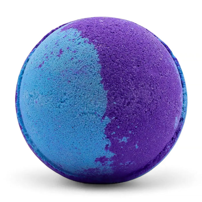 Jumbo bath bomb amethyst creed with textured surface split into vibrant purple and blue halves containing sodium lauryl sulfoacetate