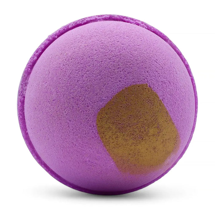 Jumbo bath bomb pink charlotte with a textured purple surface and gold patch made with sodium lauryl sulfoacetate and peel oil
