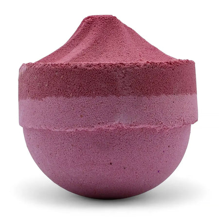 A jumbo bath bomb called razzle dazzle with a pink to purple gradient and sodium lauryl sulfoacetate texture and cone top