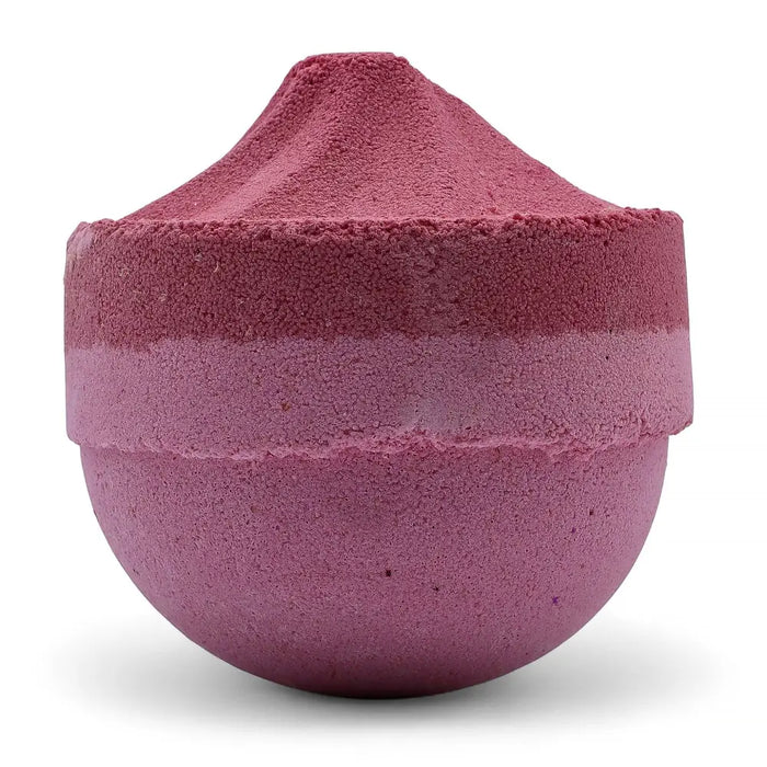 A jumbo bath bomb called razzle dazzle with a pink to purple gradient and sodium lauryl sulfoacetate texture and cone top