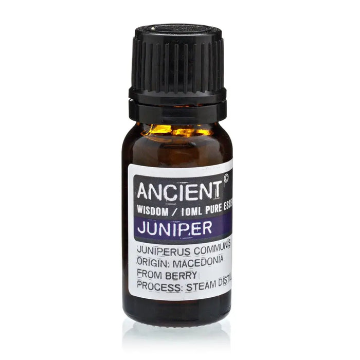 A small amber glass bottle with black cap labeled ancient wisdom 10ml pure essential juniper berry essential oil