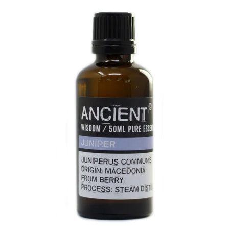 A 50ml amber glass bottle of juniper berry essential oil with a black cap and allergen declarations from macedonia
