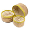 Set of three beige jute baskets with bright yellow trim made of burlap for storage and organization purposes