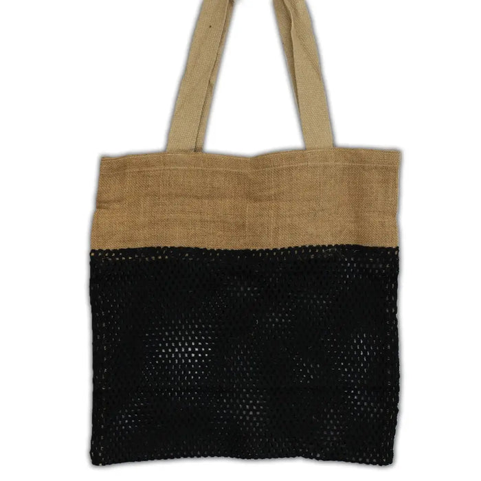 A beige and black jute and cotton mesh bag tote with a woven jute top and black mesh bottom panel