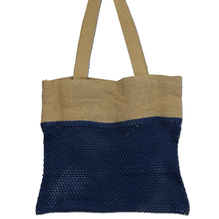 A navy blue and beige cotton mesh bag with sturdy jute handles called jute and cotton mesh bag denim