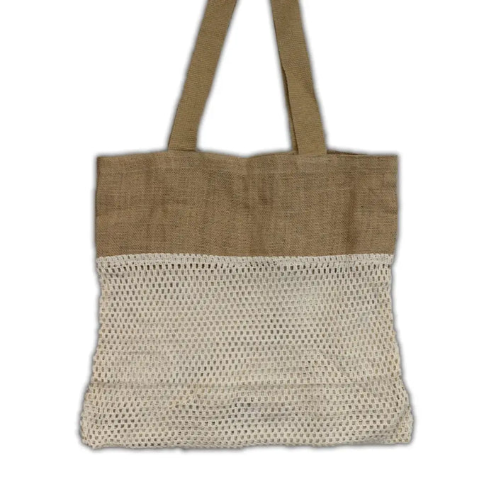 Beige and off-white cotton mesh bag with sturdy jute handles natural jute and cotton mesh bag design