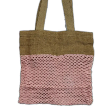 A pink cotton mesh bag with olive green fabric handles and a solid top panel made from jute and cotton materials