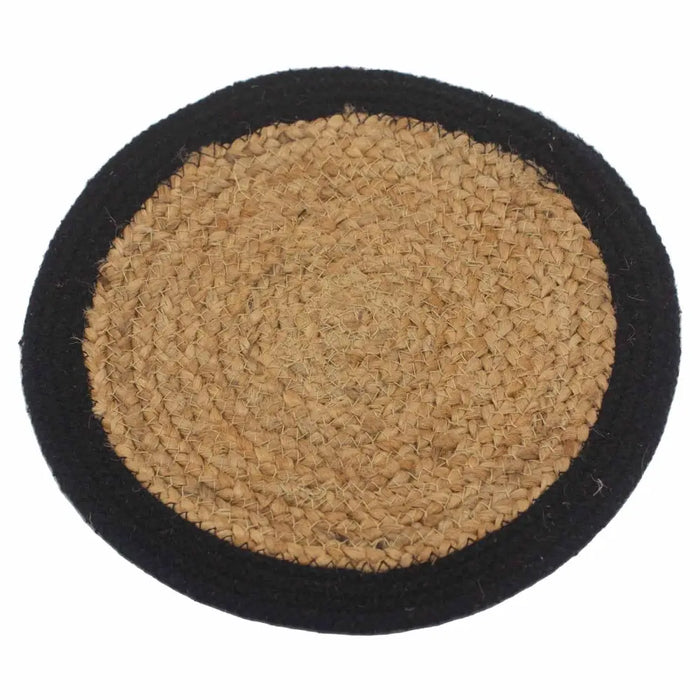 Circular jute and cotton coaster with a woven natural jute center and black fabric border for table use