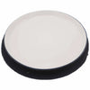 Black and white circular car detailing pad with soft textured edge shown on jute and cotton place mat black