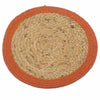 Circular woven jute and cotton coaster with natural beige center and orange braided border for table use