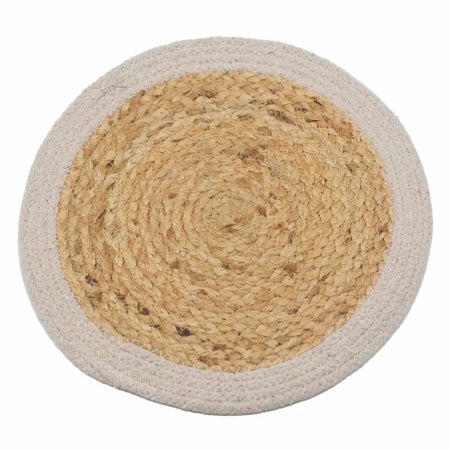 Circular woven jute and cotton coaster with a natural beige center and cream-colored braided border