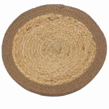Circular jute and cotton placemat with natural beige center and dark brown braided border made from textured fiber